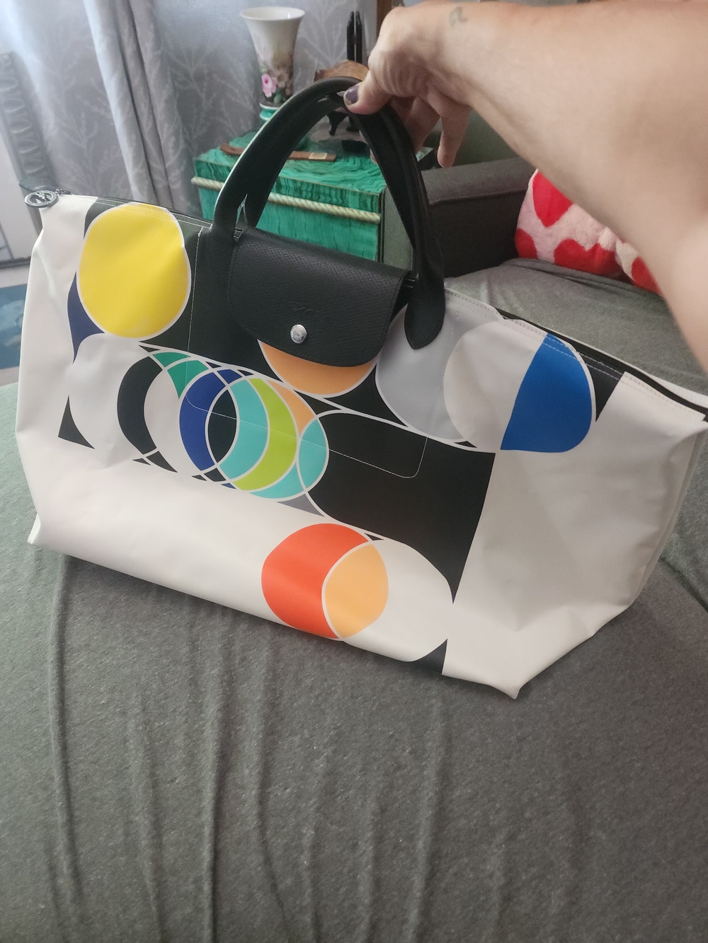 Longchamp White Travel Tote with Black Trim and Multicolor Circle Design